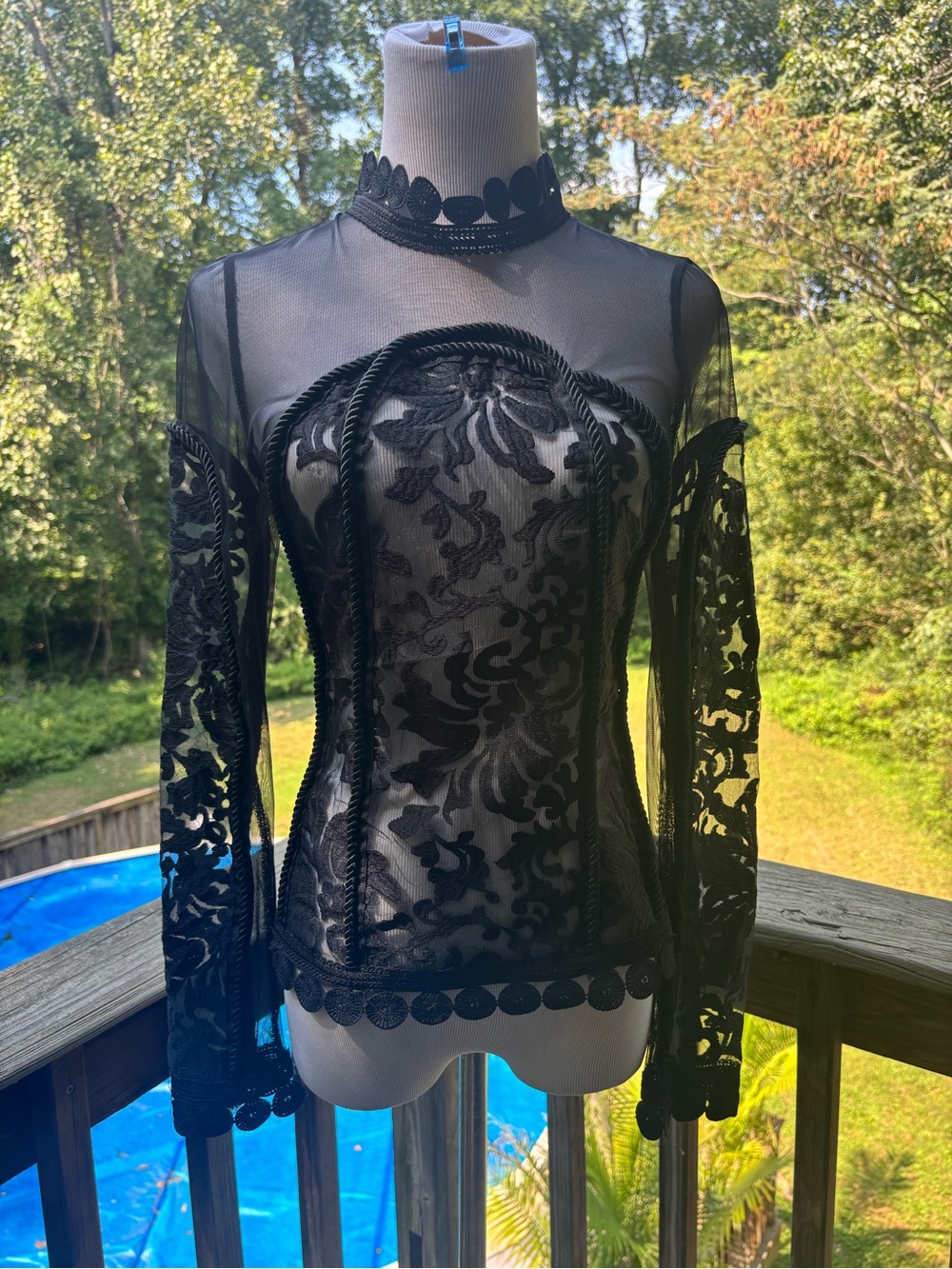 AKIRA Black Sheer Lace Long-Sleeve High Neck Top